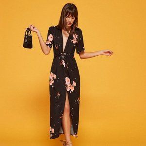 Reformation Black Floral Melanie V Neck Belted Buckle Midi Dress Size 0